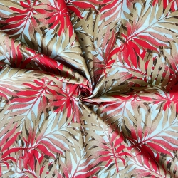 Baumwolle 100% rot-beige Palmblätter auf weißem Hintergrund  