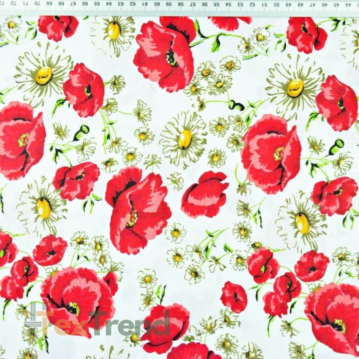 Baumwolle 100% Mohnblumen rot mit Kamille auf weißem Hintergrund  