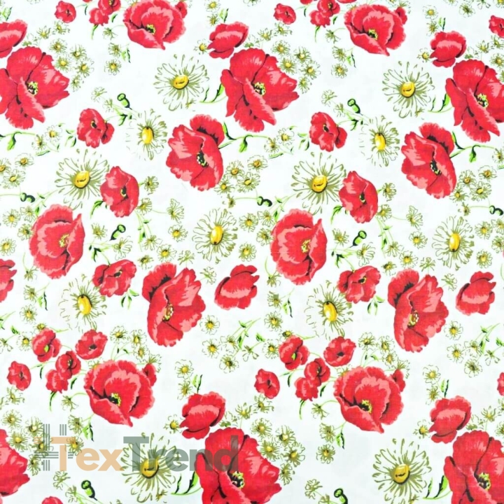 Baumwolle 100% Mohnblumen rot mit Kamille auf weißem Hintergrund  