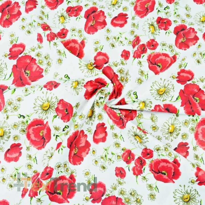 Baumwolle 100% Mohnblumen rot mit Kamille auf weißem Hintergrund  