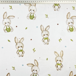 100% Baumwolle mit plüschigen Kaninchen auf weißem Hintergrund  