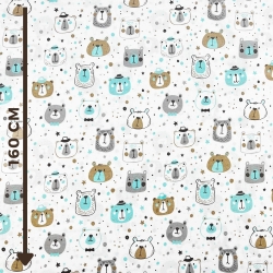 Baumwolle 100% Bärenköpfe türkis-grau-beige  