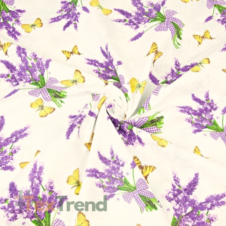 Baumwolle 100% Lavendelblumen mit Schmetterlingen auf ecrufarbenem Hintergrund  