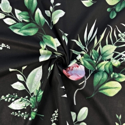 Baumwolle 100% rosa Blumen mit grünen Zweigen auf schwarzem Hintergrund  