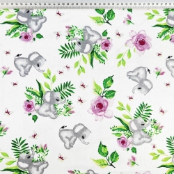 Baumwolle 100% graue Elefanten mit Rosen auf weißem Hintergrund  