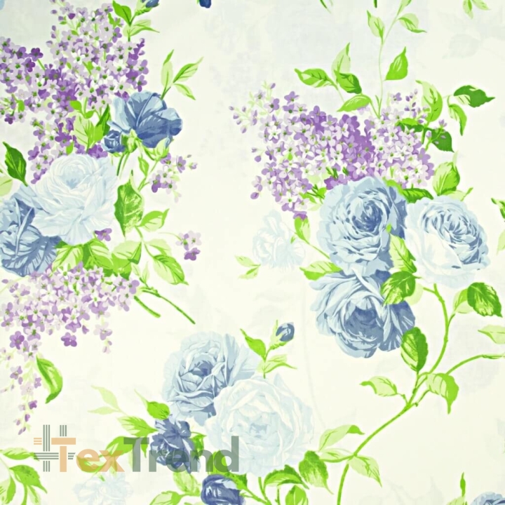 100% Baumwolle blaue Rosen auf ecrufarbenem Hintergrund - 220cm  