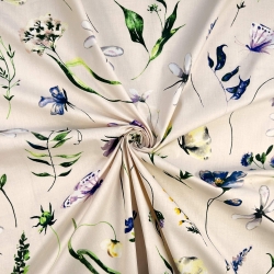 Baumwolle 100% Blumen, Libellen und Schmetterlinge auf hellbeigem Hintergrund  