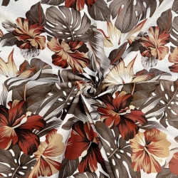 100% Baumwolle mit braun-rötlichen Hibiskusblumen  