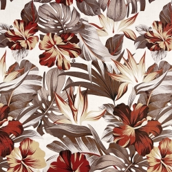 100% Baumwolle mit braun-rötlichen Hibiskusblumen  