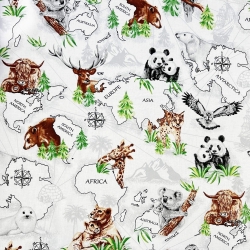 Baumwolle 100% Tiere auf Kontinenten auf weißem Hintergrund  