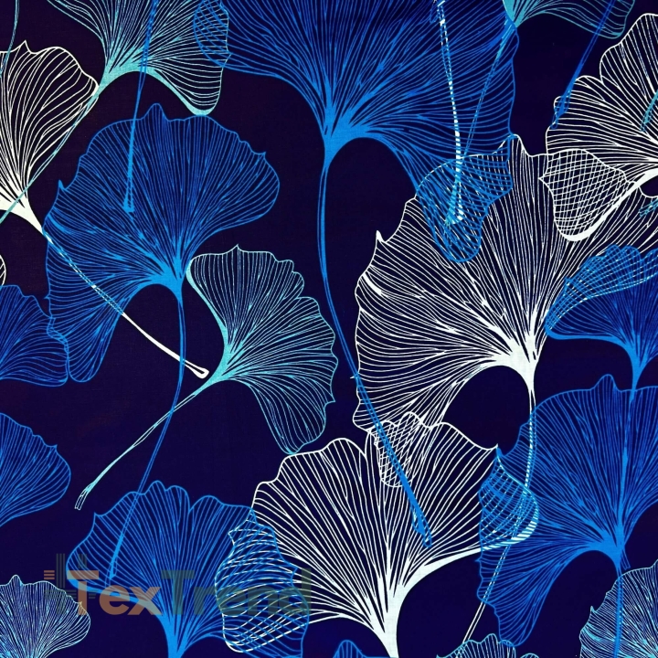 Baumwolle 100% Ginkgo-Blätter blau-saphir auf dunkelblauem Hintergrund - 220cm  