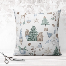 Baumwolle 100% Weihnachtsmuster Wichtel blau mit Haus und Tanne auf weißem Hintergrund  