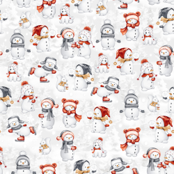 Baumwolle 100% Weihnachtsmuster Schneemänner rot mit Hunden auf grau-beigem Hintergrund  