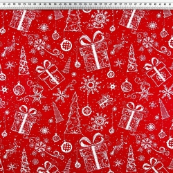 100% Baumwolle mit weihnachtlichem Muster von Tannenbaumkonturen mit Geschenken auf rotem Hintergrund  