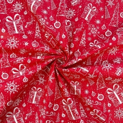 100% Baumwolle mit weihnachtlichem Muster von Tannenbaumkonturen mit Geschenken auf rotem Hintergrund  