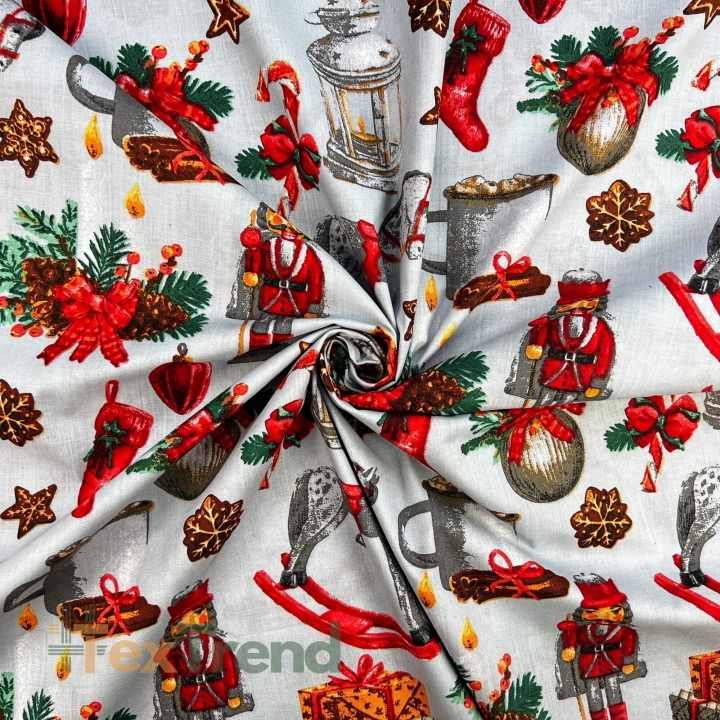 Baumwolle 100% Weihnachtsmuster Nussknacker auf grauem Hintergrund  