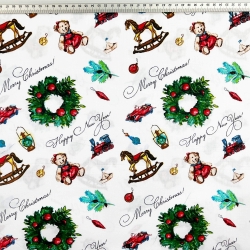 Baumwolle 100% Weihnachtsmuster Kränze mit Spielzeug auf weißem Hintergrund  