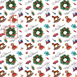 Baumwolle 100% Weihnachtsmuster Kränze mit Spielzeug auf weißem Hintergrund  