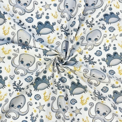 Baumwolle 100% maritimes Muster mit Oktopussen und grauen Krabben  