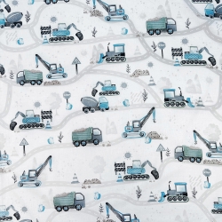 Baumwolle 100% Straßenbau blau-grün auf weißem Hintergrund  