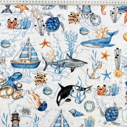 Baumwolle 100% maritimes Muster mit blauen Walen und Schiffen  