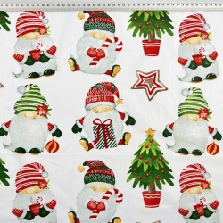 Baumwolle 100% Weihnachtsmuster große Wichtel auf weißem Hintergrund  