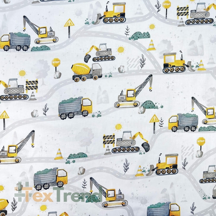 Baumwolle 100% Straßenbau gelb-grau auf weißem Hintergrund  