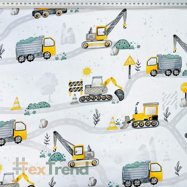 Baumwolle 100% Straßenbau gelb-grau auf weißem Hintergrund  
