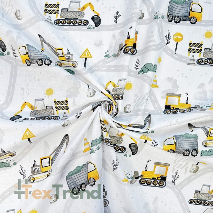 Baumwolle 100% Straßenbau gelb-grau auf weißem Hintergrund  