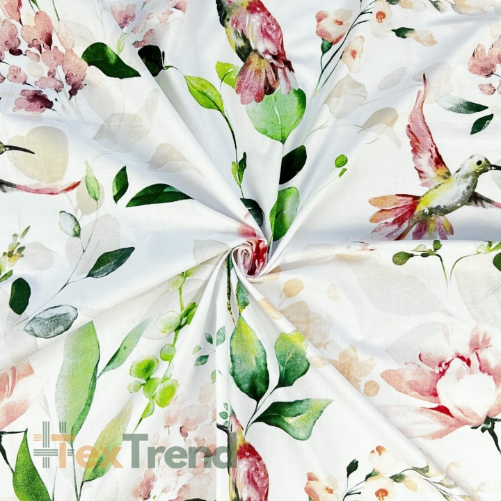 Baumwolle 100% Pfingstrosen mit Kolibris auf weißem Hintergrund  