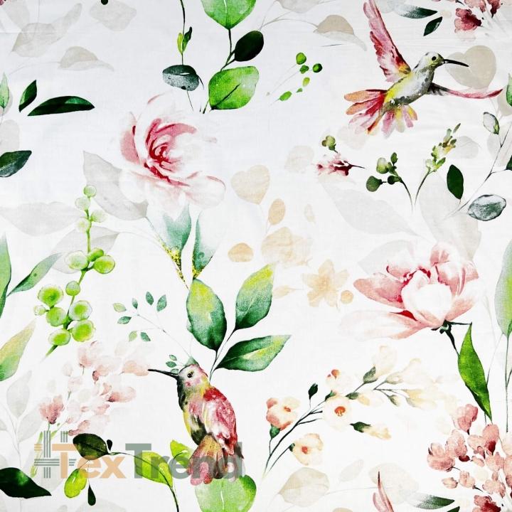 Baumwolle 100% Pfingstrosen mit Kolibris auf weißem Hintergrund  