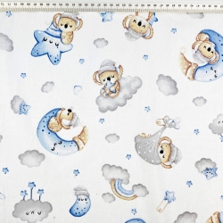 Baumwolle 100% schlafende Koalabären auf Wolken und Monden grau-blau  