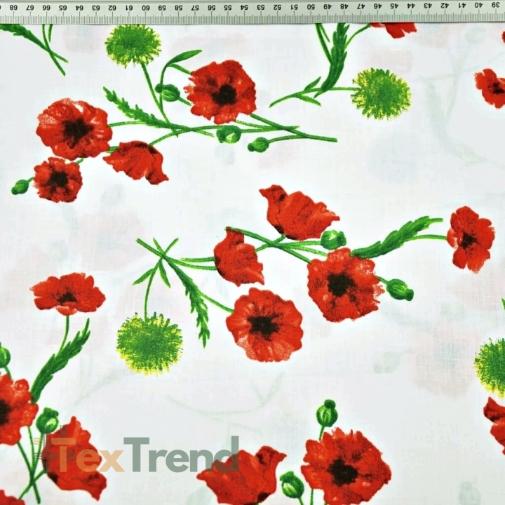 Baumwolle 100% Mohnblumen und Disteln auf weißem Hintergrund - 220cm  