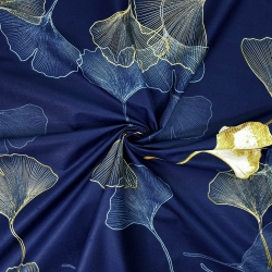 Baumwolle 100% Ginkgo-Blätter auf dunkel-saphirblauem Hintergrund  