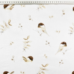 100% Baumwolle mit braunen Spatzen und Zweigen auf weißem Hintergrund  