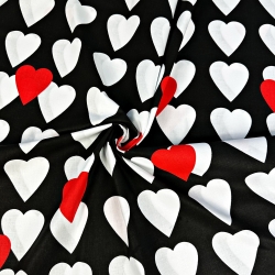 Baumwolle 100% große weiß-rote Herzen auf schwarzem Hintergrund  