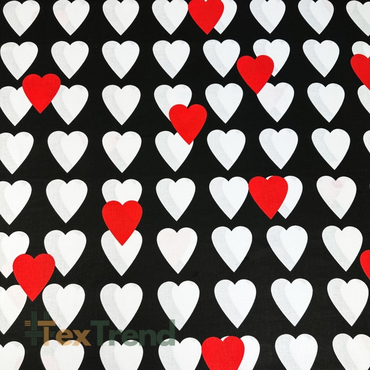 Baumwolle 100% große weiß-rote Herzen auf schwarzem Hintergrund  