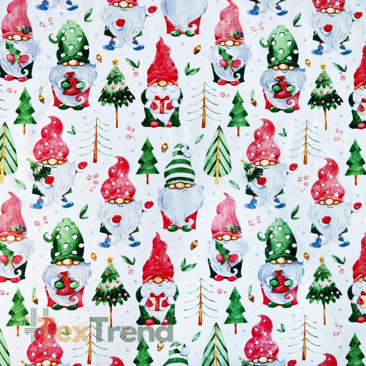 Baumwolle 100% Weihnachtsmuster Wichtel mit Tannen auf weißem Hintergrund  