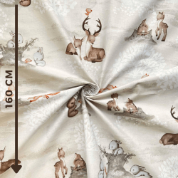 Baumwolle 100% Tiere auf einer Waldlichtung auf beigem Hintergrund  