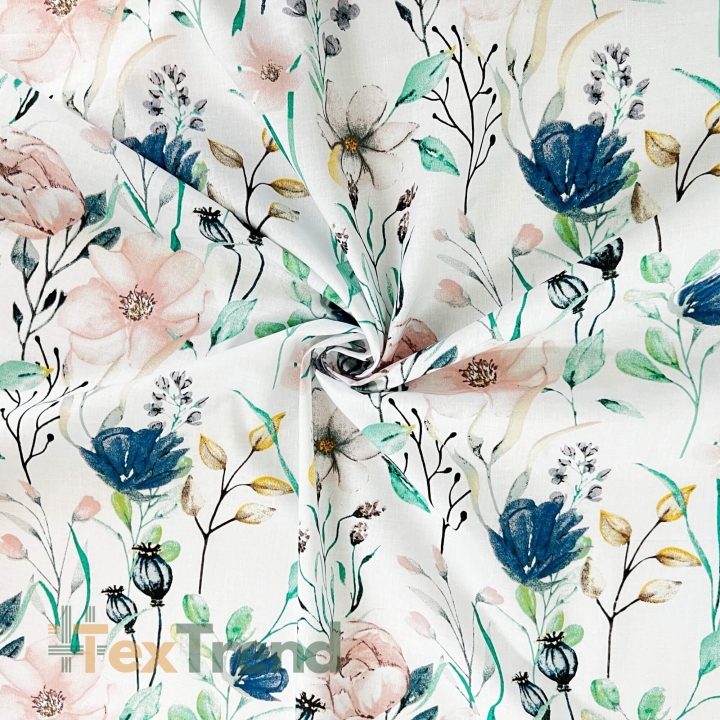 Baumwolle 100% Jeansrosa Blumen mit Zweigen  