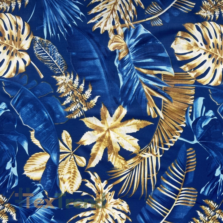 Baumwolle 100% große Blätter gold-saphir auf saphirfarbenem Hintergrund - 220cm  