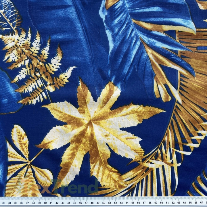 Baumwolle 100% große Blätter gold-saphir auf saphirfarbenem Hintergrund - 220cm  