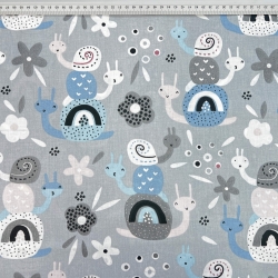 Baumwolle 100% Schnecken blau-grau auf grauem Hintergrund  