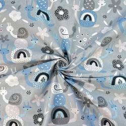 Baumwolle 100% Schnecken blau-grau auf grauem Hintergrund  