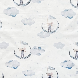 Baumwolle 100% Mäuse auf blauen Monden auf weißem Hintergrund  