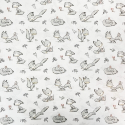 Baumwolle 100% Füchse und Mäuse grau auf weißem Hintergrund  