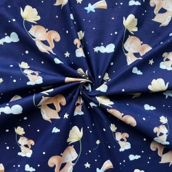100% Baumwolle Eichhörnchen mit Blumen auf dunkelblauem Hintergrund  