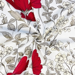 Baumwolle 100% große rote Blumen mit ecrufarbenen Blüten - 220cm  