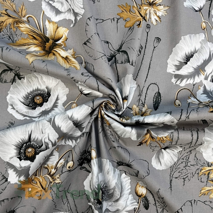 Baumwolle 100% große Mohnblumen auf grauem Hintergrund  