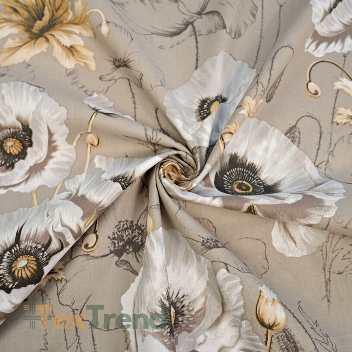 Baumwolle 100% große Mohnblumen auf beigem Hintergrund  